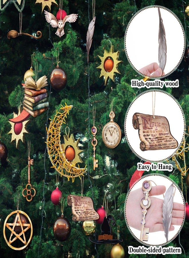 Suncalla 12 Pcs Wizard Christmas Tree Ornaments Wooden Magical Christmas Tree Hanging Ornaments Vintage Owl Hat Book Key Craft Decorations for Xmas Halloween Home Party Supplies - Image 5